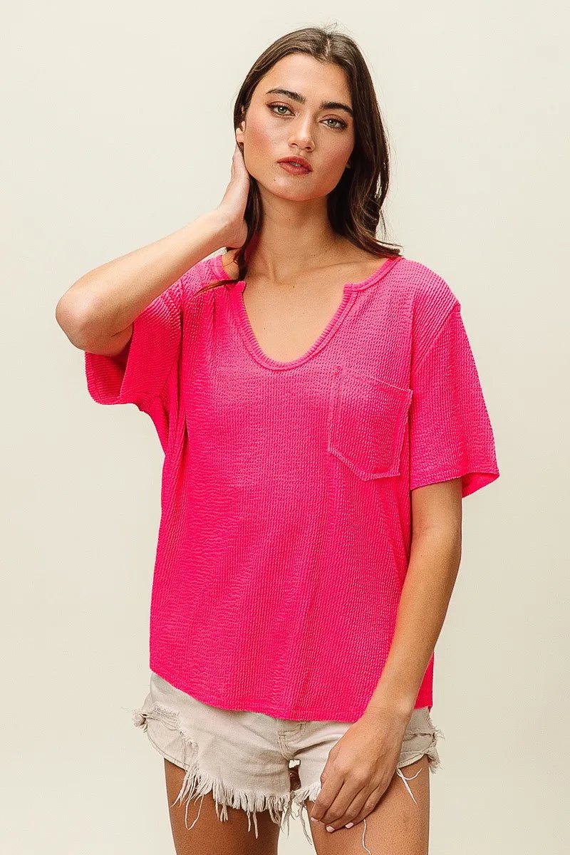 BiBi Waved Rib U Neck Top With Front Pocket - JUST - JEN BOUTIQUE