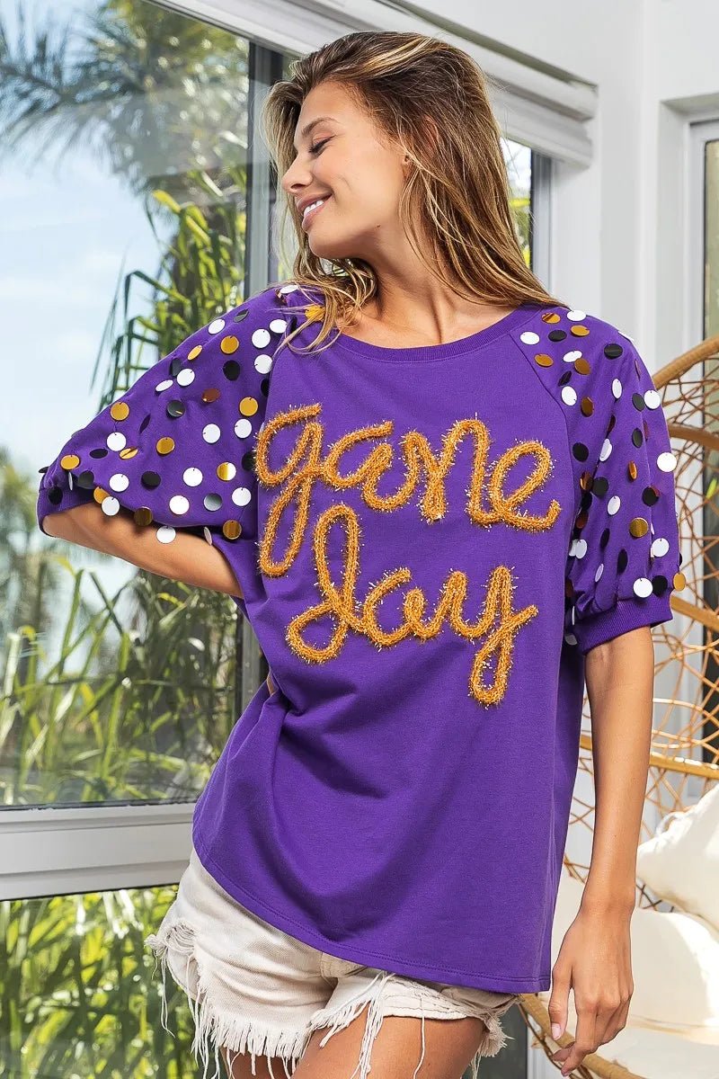 BiBi Game Day Metallic Letter Spangle Sleeve Top - JUST - JEN BOUTIQUE