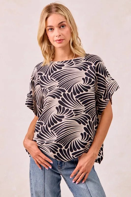 BiBi Print Woven Ruffled Sleeves Top - JUST - JEN BOUTIQUE