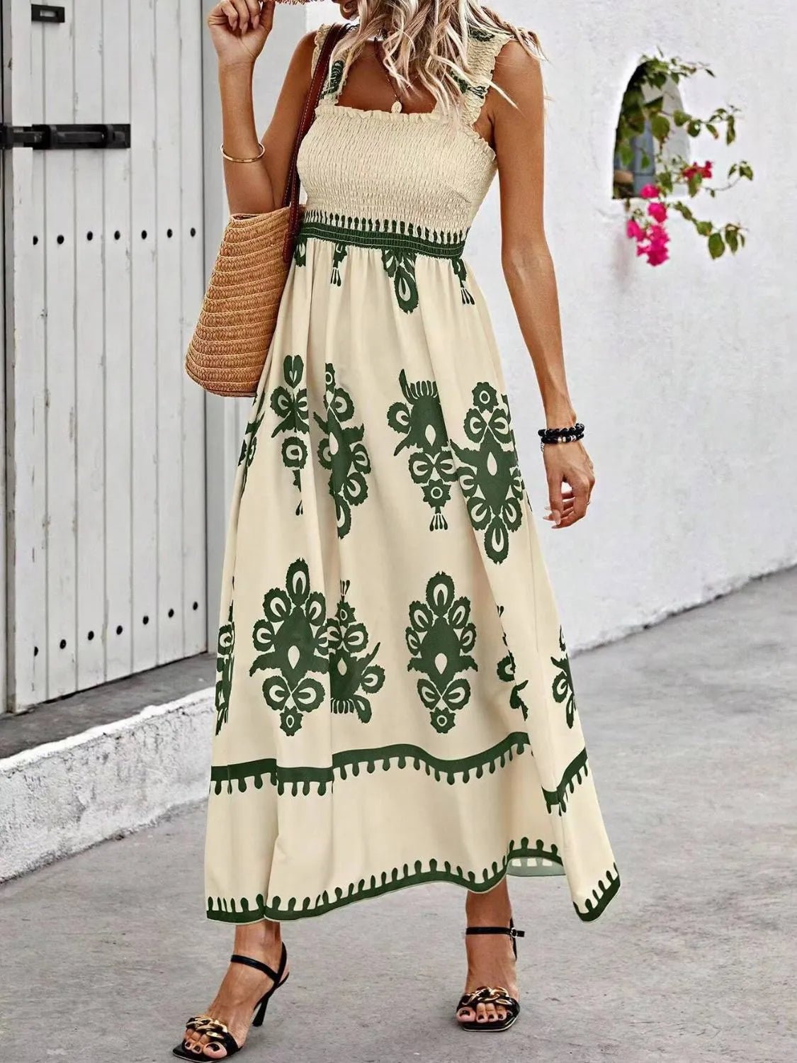 Smocked Printed Wide Strap Maxi Dress - JUST - JEN BOUTIQUE