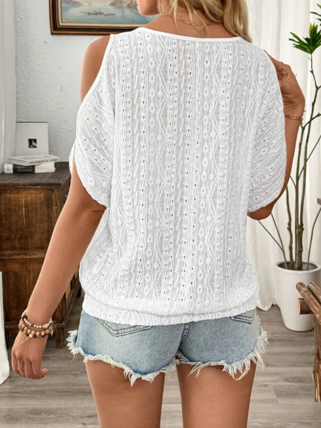 Eyelet Cold Shoulder Round Neck Blouse - JUST - JEN BOUTIQUE