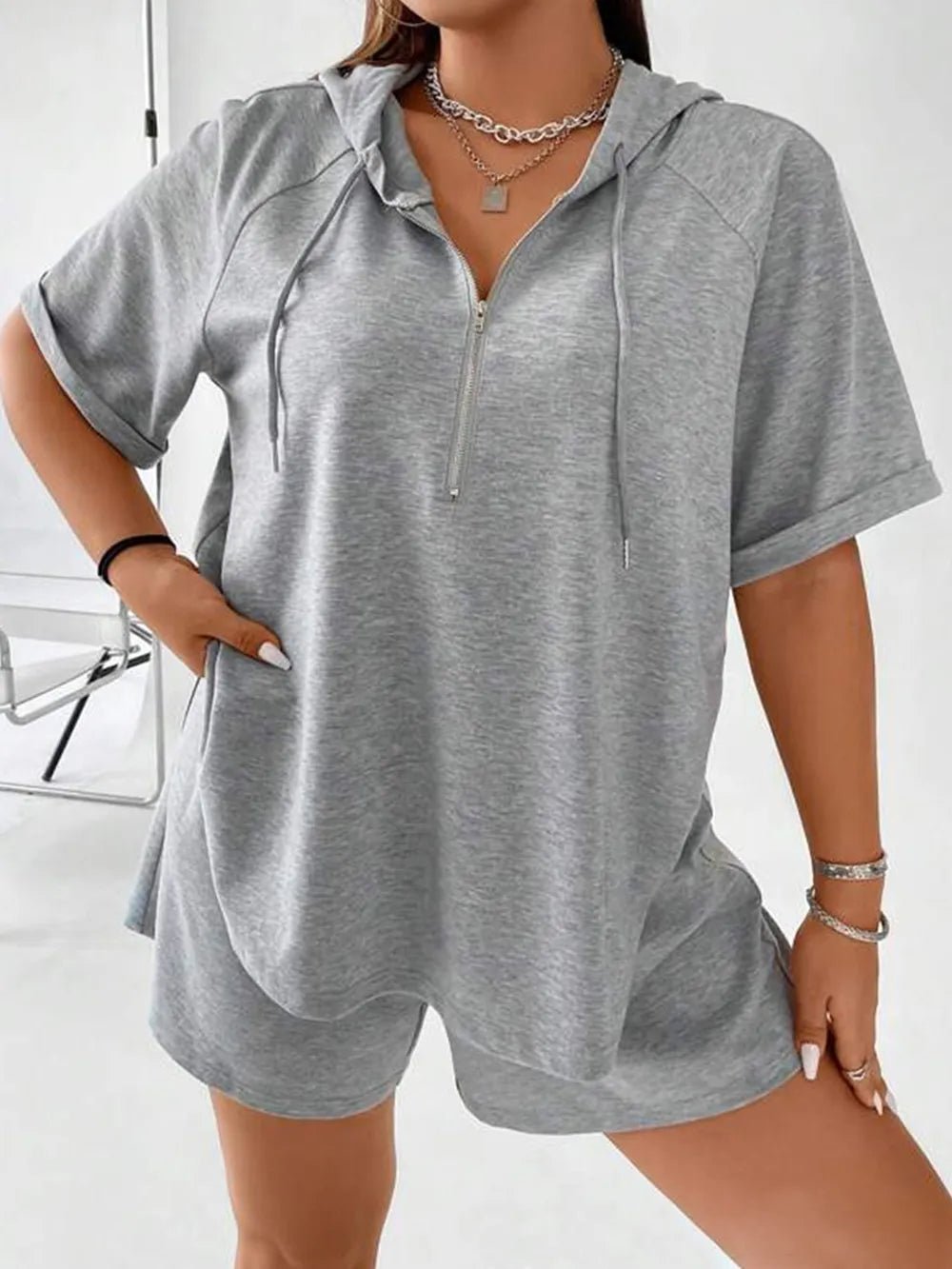 Full Size Drawstring Half Zip Hooded Top and Shorts Set Plus Size - JUST - JEN BOUTIQUE