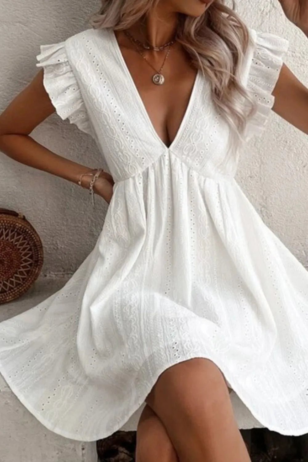 Eyelet Ruffled Cap Sleeve Mini Dress - JUST - JEN BOUTIQUE