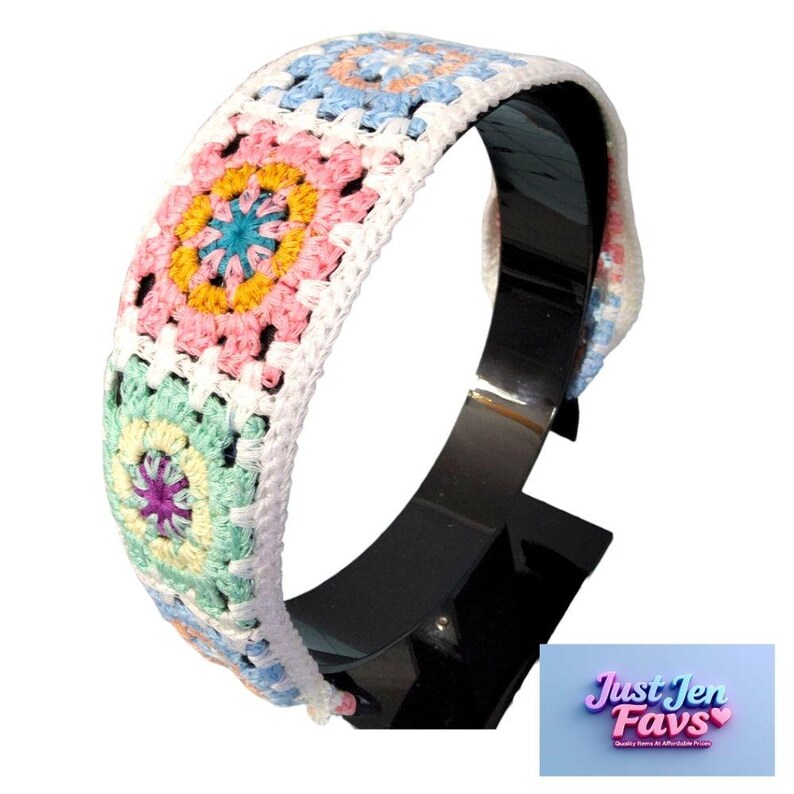 Black Satin Headband with Multi-Color Crochet Embroidery, Designed By Just Jen