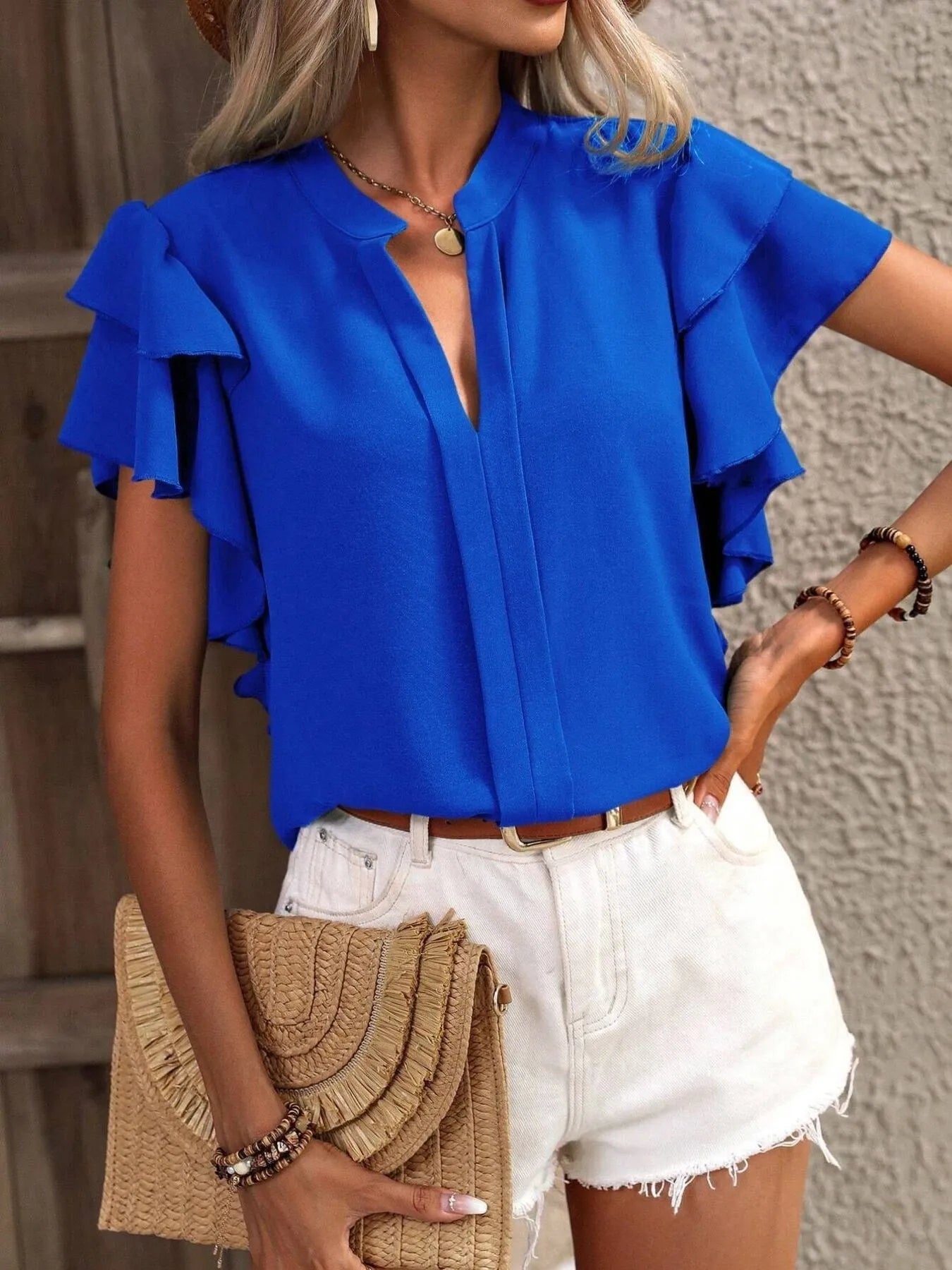 Ruffle Sleeve Notched Blouse - JUST - JEN BOUTIQUE