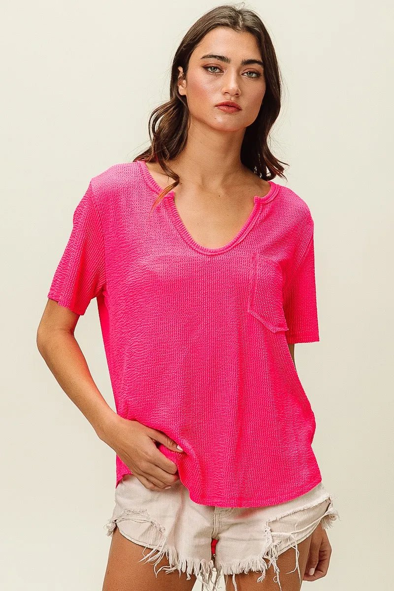 BiBi Waved Rib U Neck Top With Front Pocket - JUST - JEN BOUTIQUE
