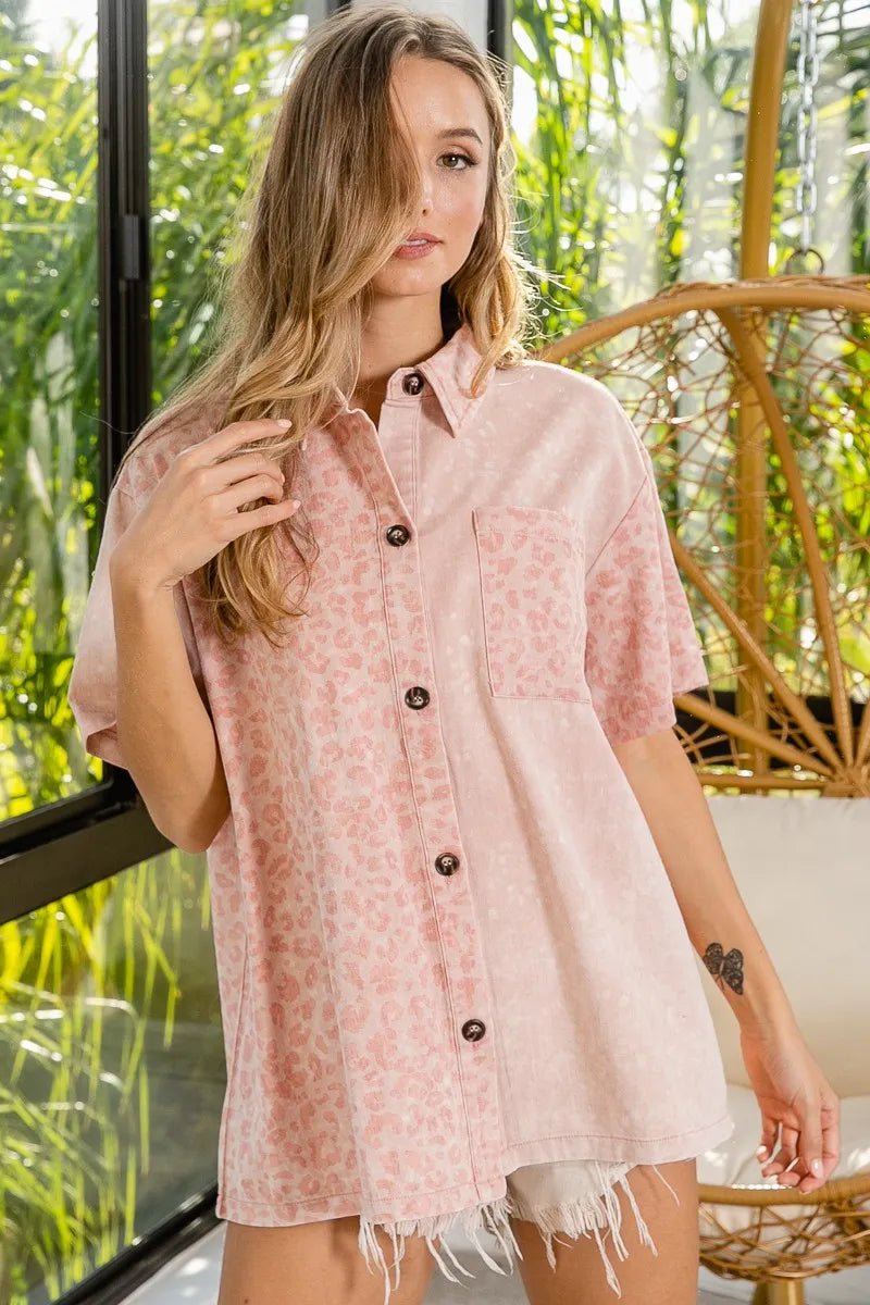 BiBi Mineral Washed Leopard Print Short Sleeve Shirt - JUST - JEN BOUTIQUE