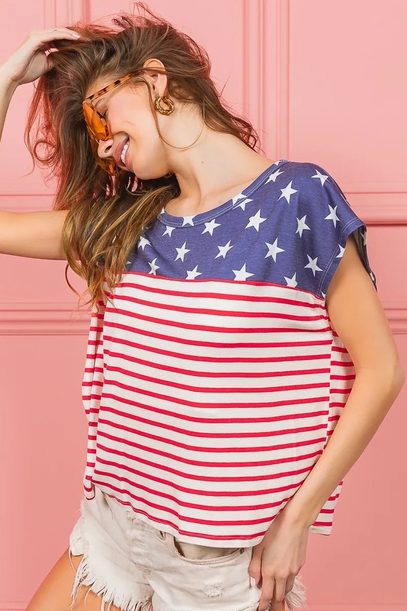 BiBi Star Rpinted with Stripe Combo Top - JUST - JEN BOUTIQUE