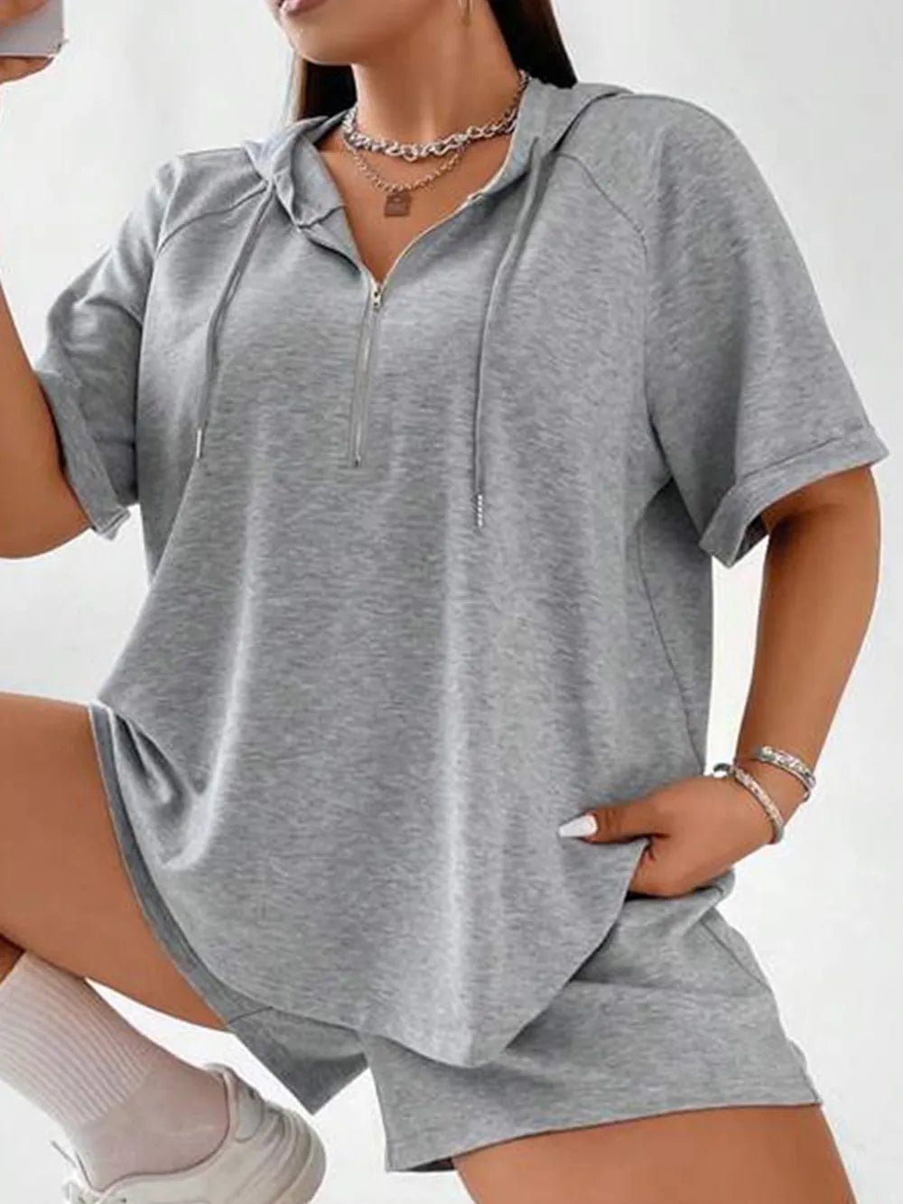 Full Size Drawstring Half Zip Hooded Top and Shorts Set Plus Size - JUST - JEN BOUTIQUE