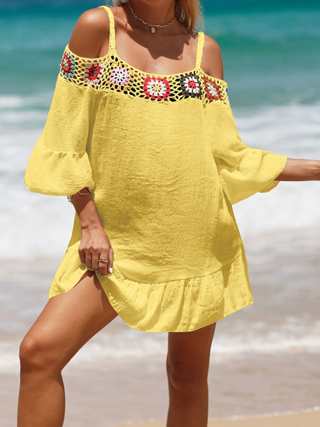 Crochet Cold Shoulder Three-Quarter Sleeve Cover Up