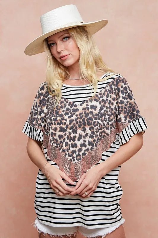 BiBi Stripe Rayon Span Knit Color Block Top With Leopard - JUST - JEN BOUTIQUE