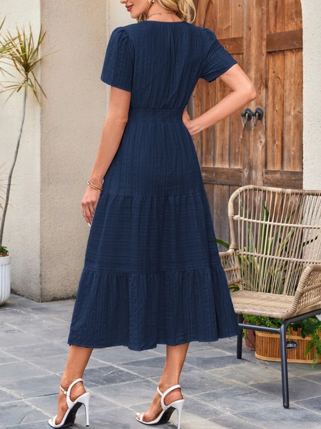 Tiered Notched Short Sleeve Dress - JUST - JEN BOUTIQUE