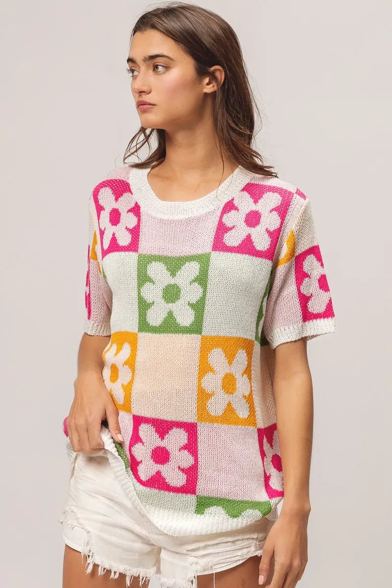 BiBi Flower Checker Pattern Lightweight Sweater Top - JUST - JEN BOUTIQUE
