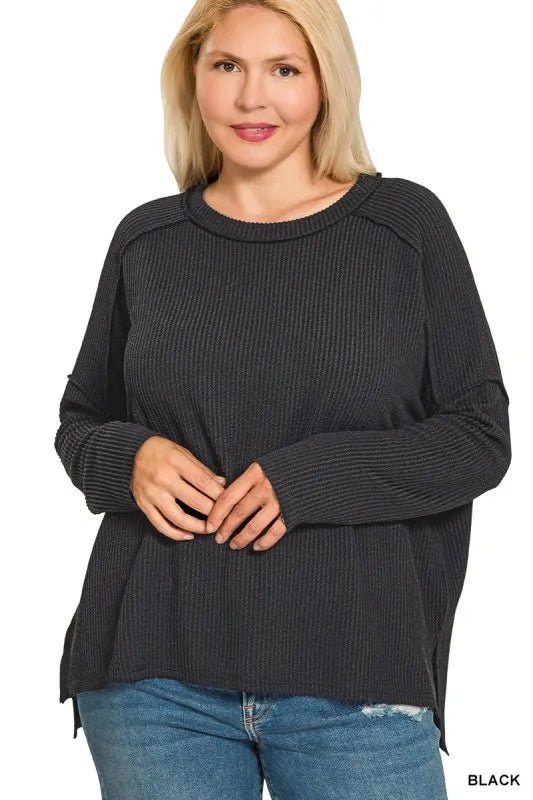 Zenana Full Size Exposed Seam Long Sleeve Corded Rib Knit Top Plus Size - JUST - JEN BOUTIQUE