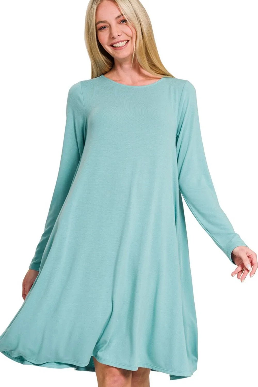 Zenana Long Sleeve Flare Dress With Pockets - JUST - JEN BOUTIQUE