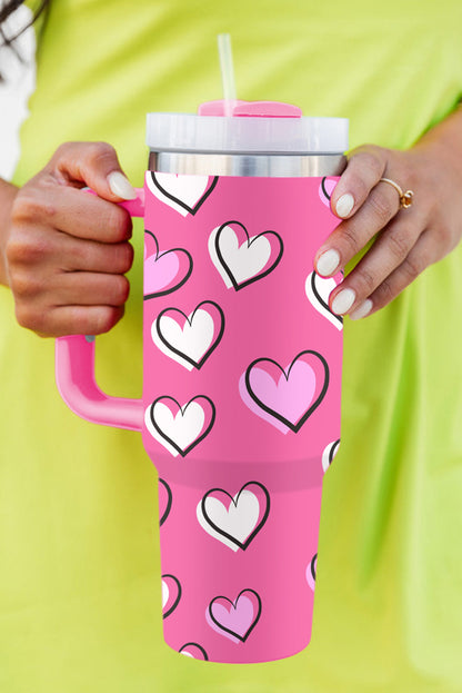 Rose Red Valentines Heart Printed Thermos Cup with Handle 1200ml