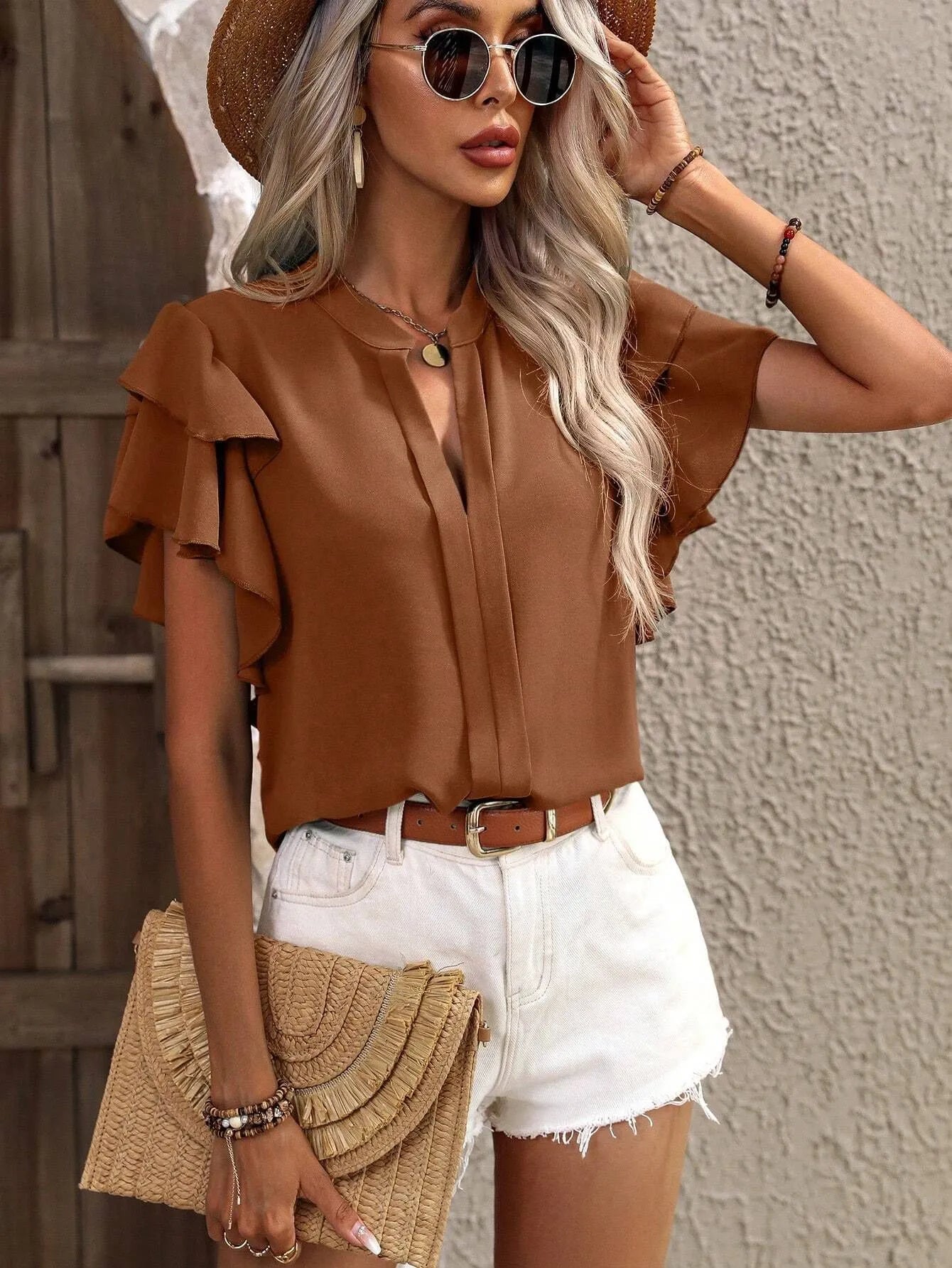 Ruffle Sleeve Notched Blouse - JUST - JEN BOUTIQUE