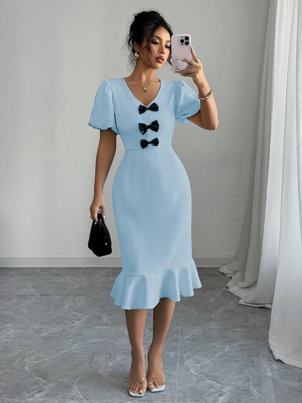 Bow Detail Puff Sleeve Midi Dress - JUST - JEN BOUTIQUE
