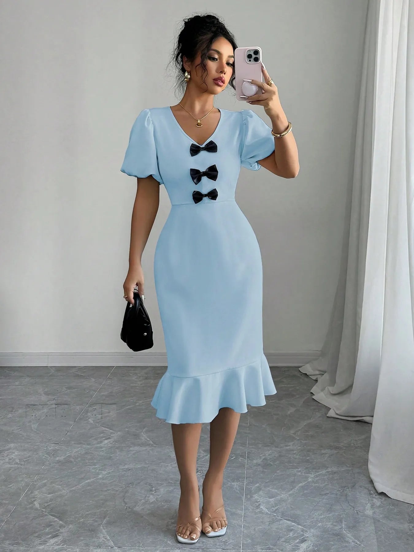 Bow Detail Puff Sleeve Midi Dress - JUST - JEN BOUTIQUE
