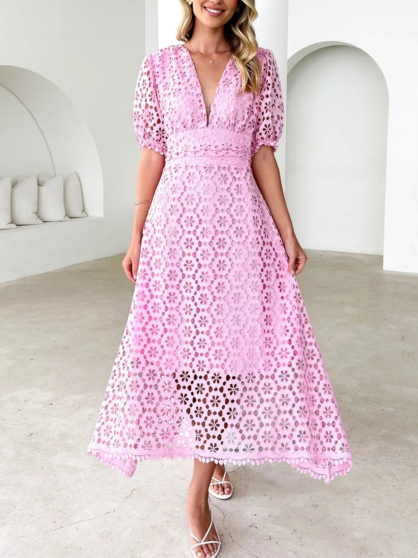 Eyelet Lace V - Neck Midi Dress with Puff Sleeves - JUST - JEN BOUTIQUE
