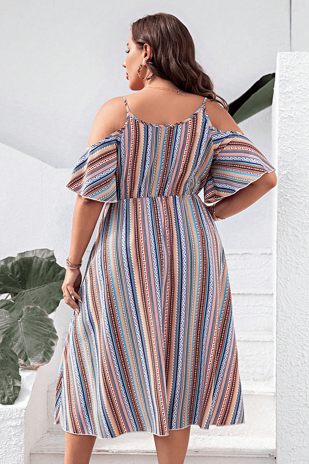 Plus Size Striped Cold - Shoulder Dress - JUST - JEN BOUTIQUE