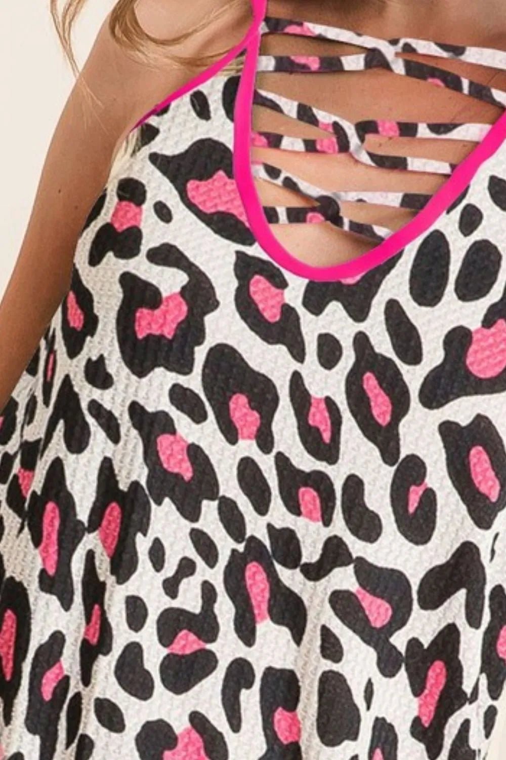 BiBi Leopard Print Caged Neck Knit Camisole - JUST - JEN BOUTIQUE