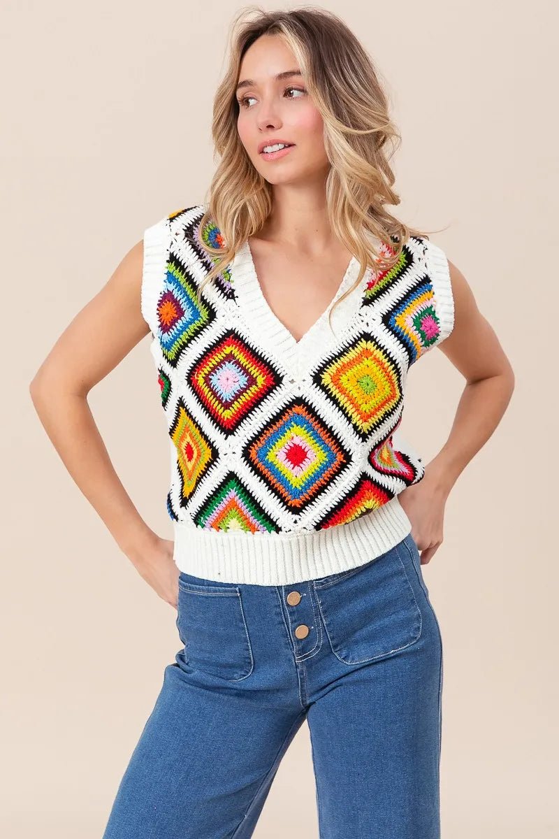 BiBi Diamond Granny Square Sweater Vest - JUST - JEN BOUTIQUE