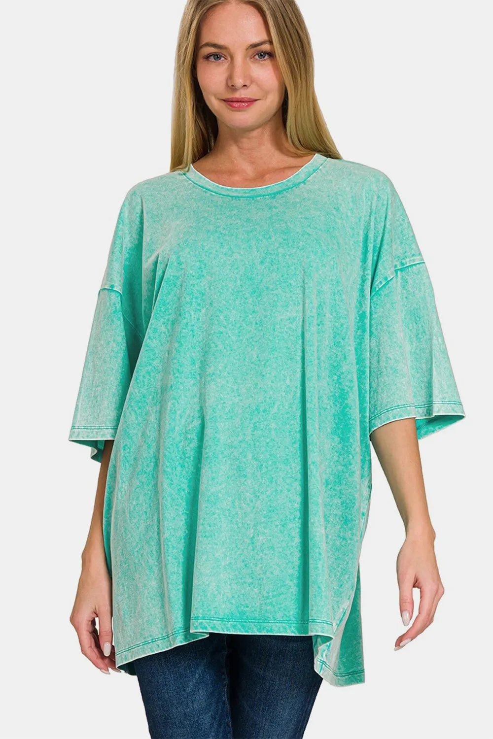 Zenana Full Size Washed Round Neck Drop Shoulder Oversized T-Shirt - JUST - JEN BOUTIQUE