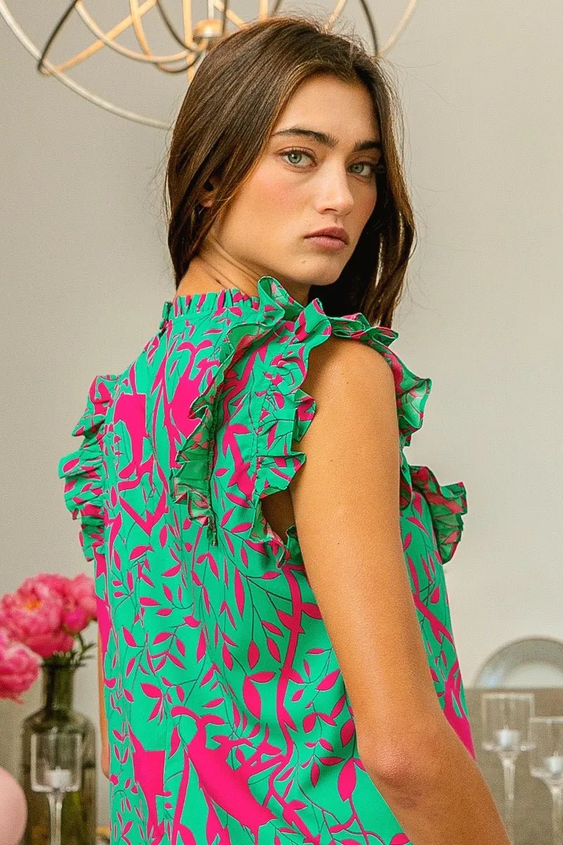 BiBi Leopard Leaves Print Woven Top - JUST - JEN BOUTIQUE