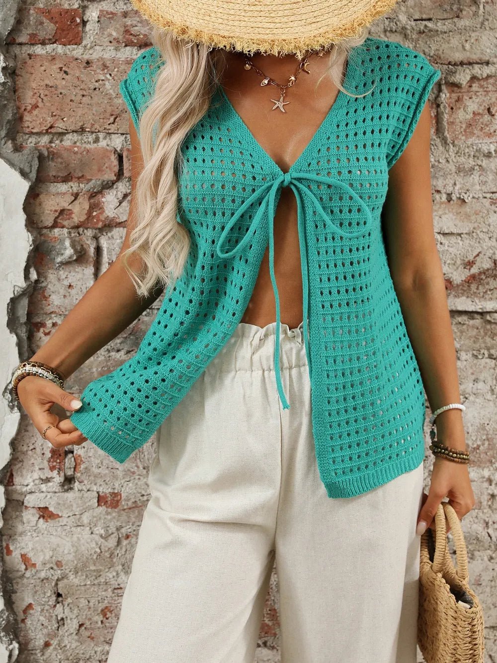 Tied Front Openwork V - Neck Knit Top - JUST - JEN BOUTIQUE