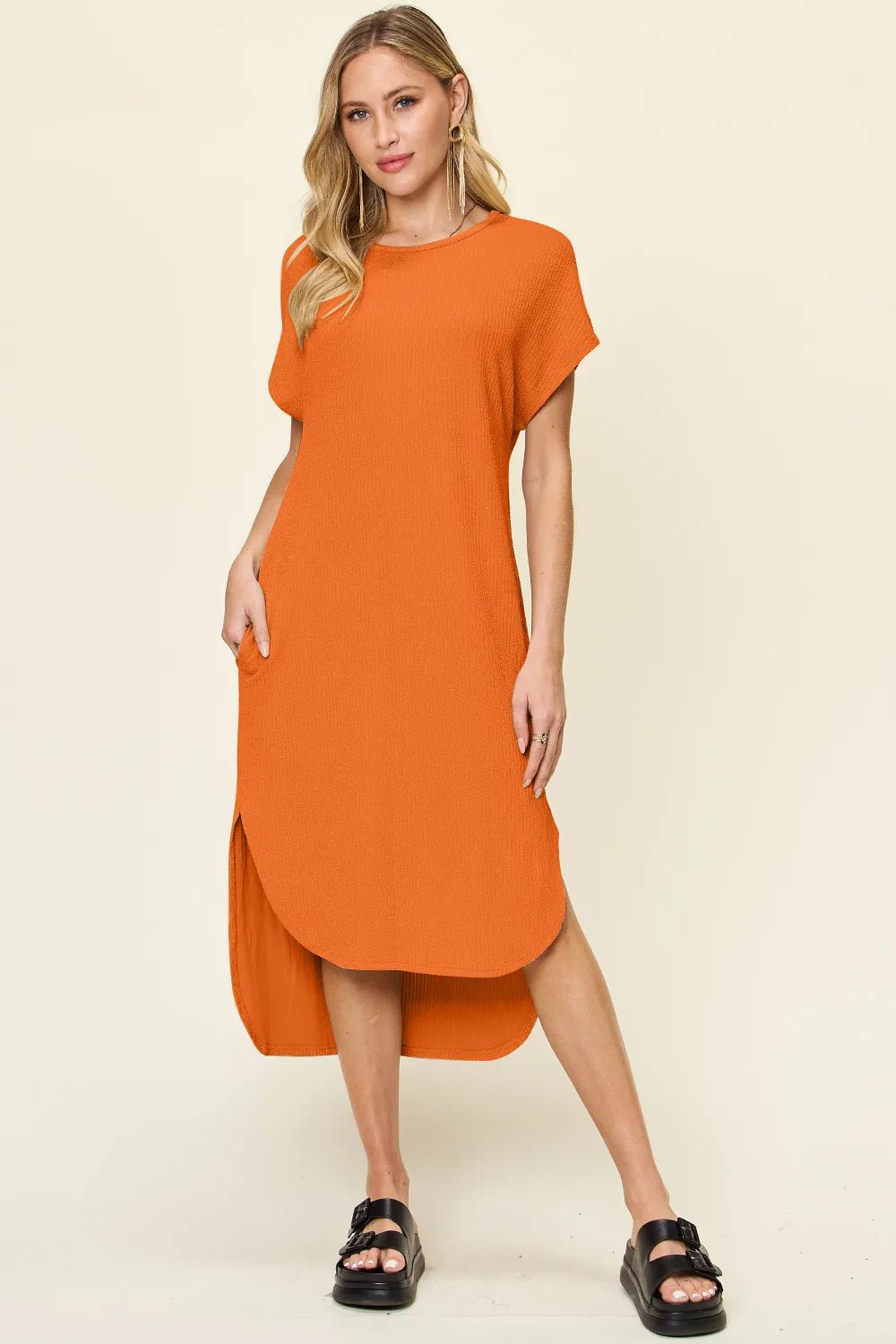 Double Take Full Size Round Neck Short Sleeve Slit Dress - JUST - JEN BOUTIQUE