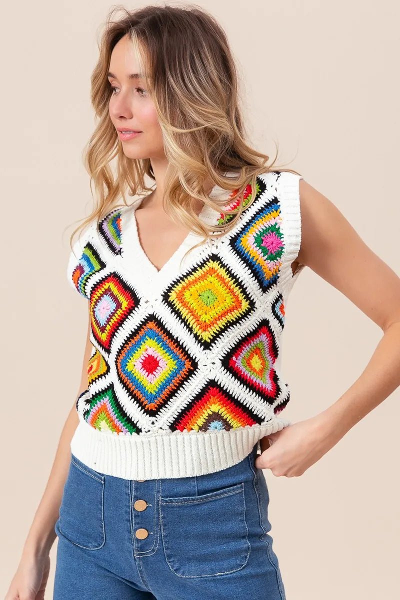 BiBi Diamond Granny Square Sweater Vest - JUST - JEN BOUTIQUE