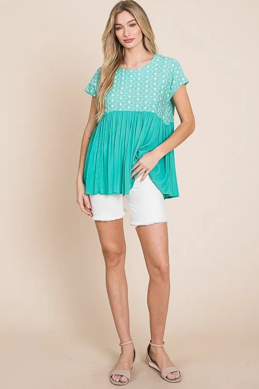Lime 'N' Chili Full Size Embroidered Short Sleeve Pleated Babydoll Top Plus Size - JUST - JEN BOUTIQUE