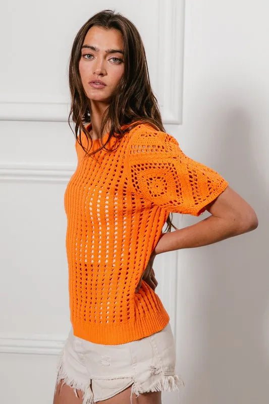 BiBi Crochet Knit Cover Up With Puff Sleeves - JUST - JEN BOUTIQUE