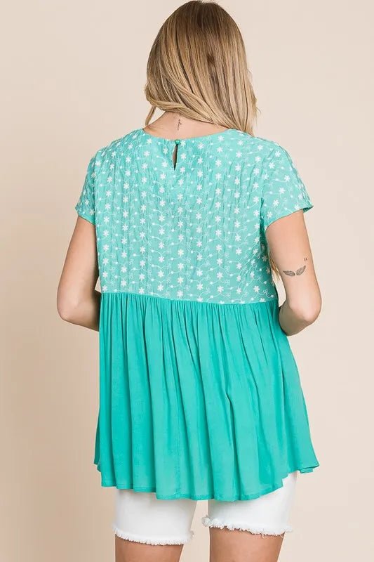 Lime 'N' Chili Full Size Embroidered Short Sleeve Pleated Babydoll Top Plus Size - JUST - JEN BOUTIQUE