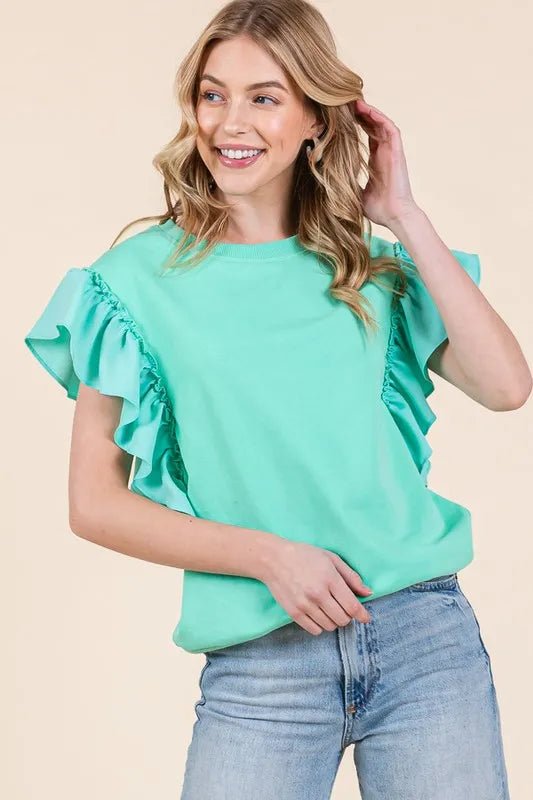 Lime 'N' Chili Solid Shoulder Ruffle Detail Round Neck Top - JUST - JEN BOUTIQUE