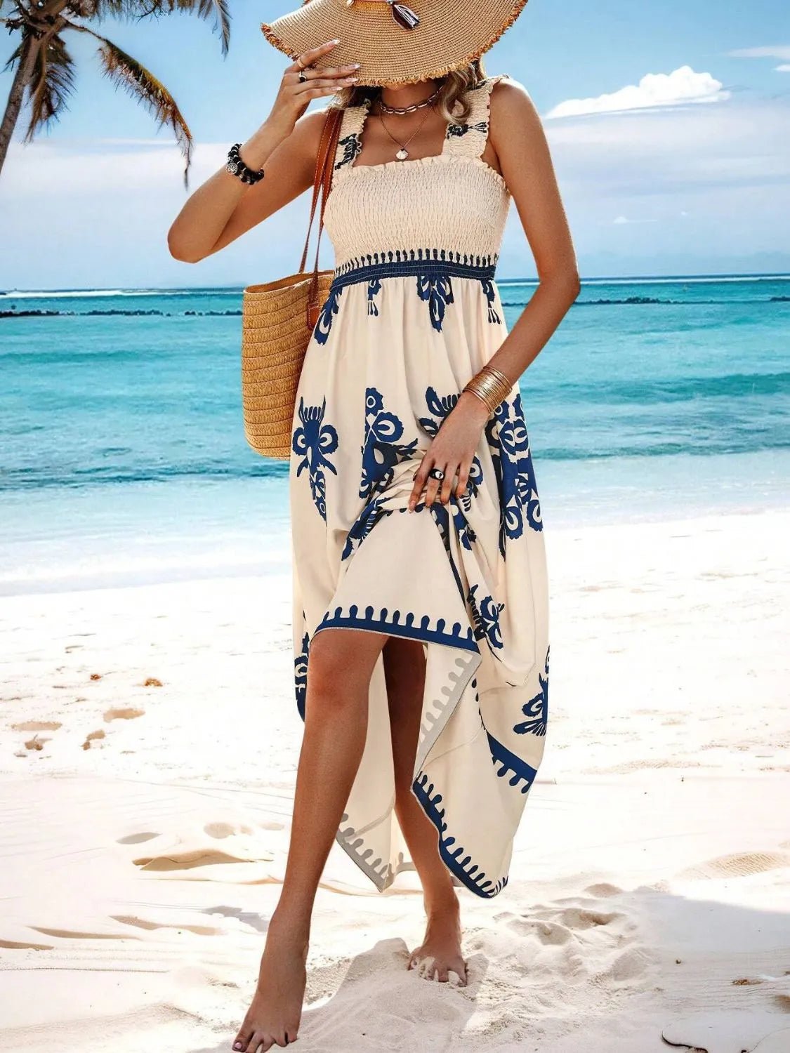 Smocked Printed Wide Strap Maxi Dress - JUST - JEN BOUTIQUE