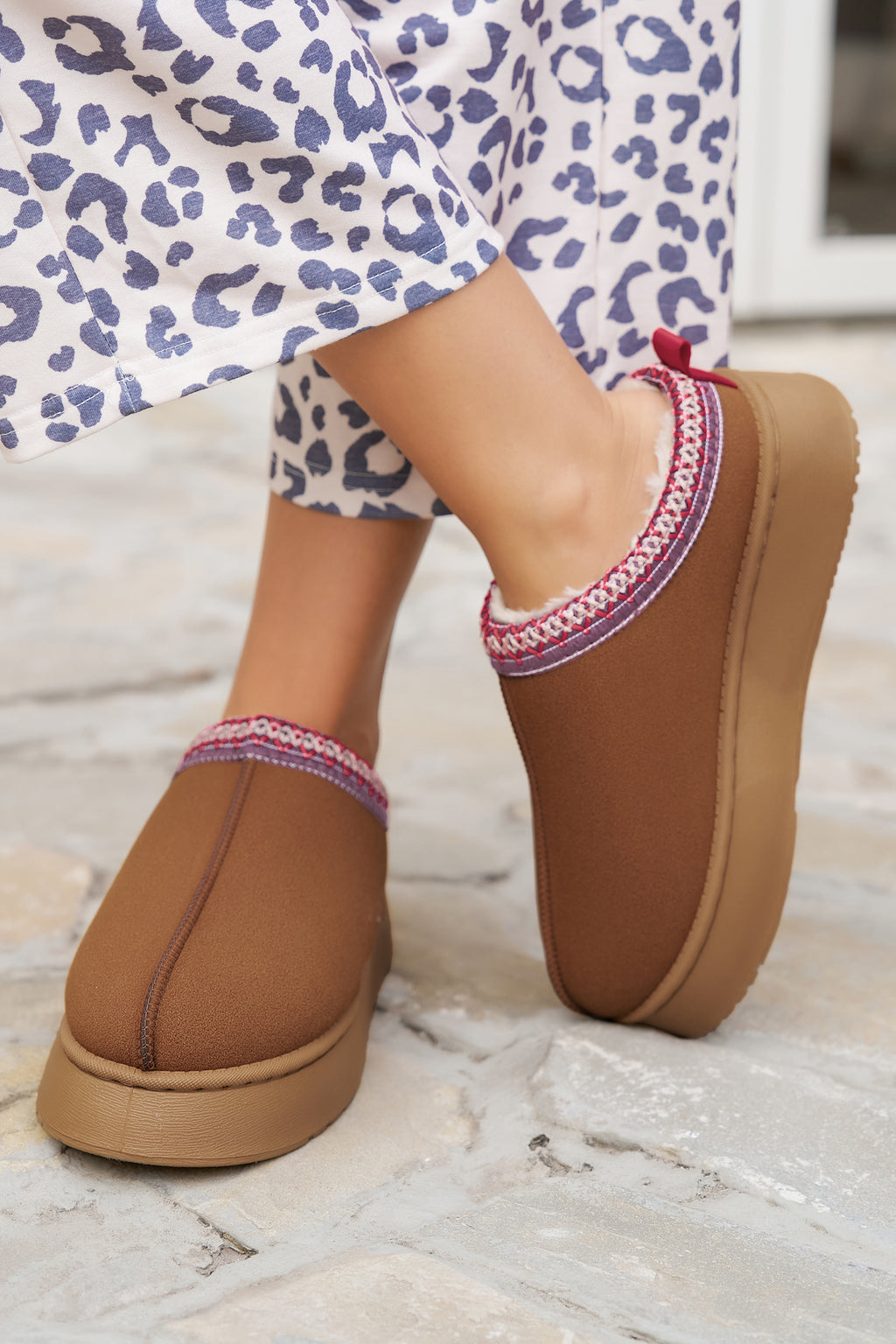 Chestnut Suede Contrast Print Plush Lined Snow Boots