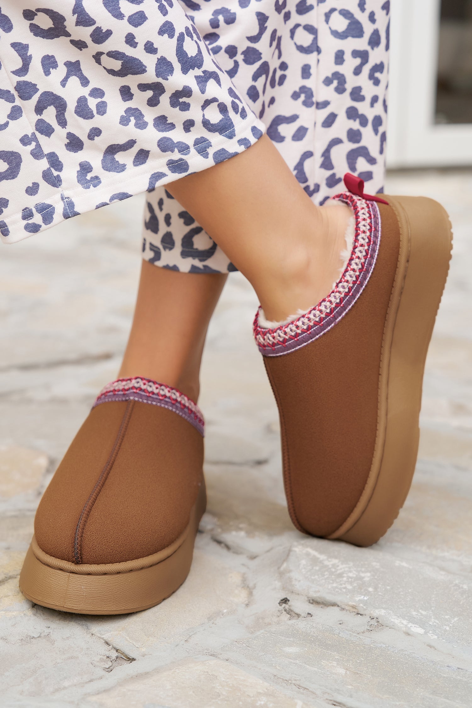 Chestnut Suede Contrast Print Plush Lined Snow Boots