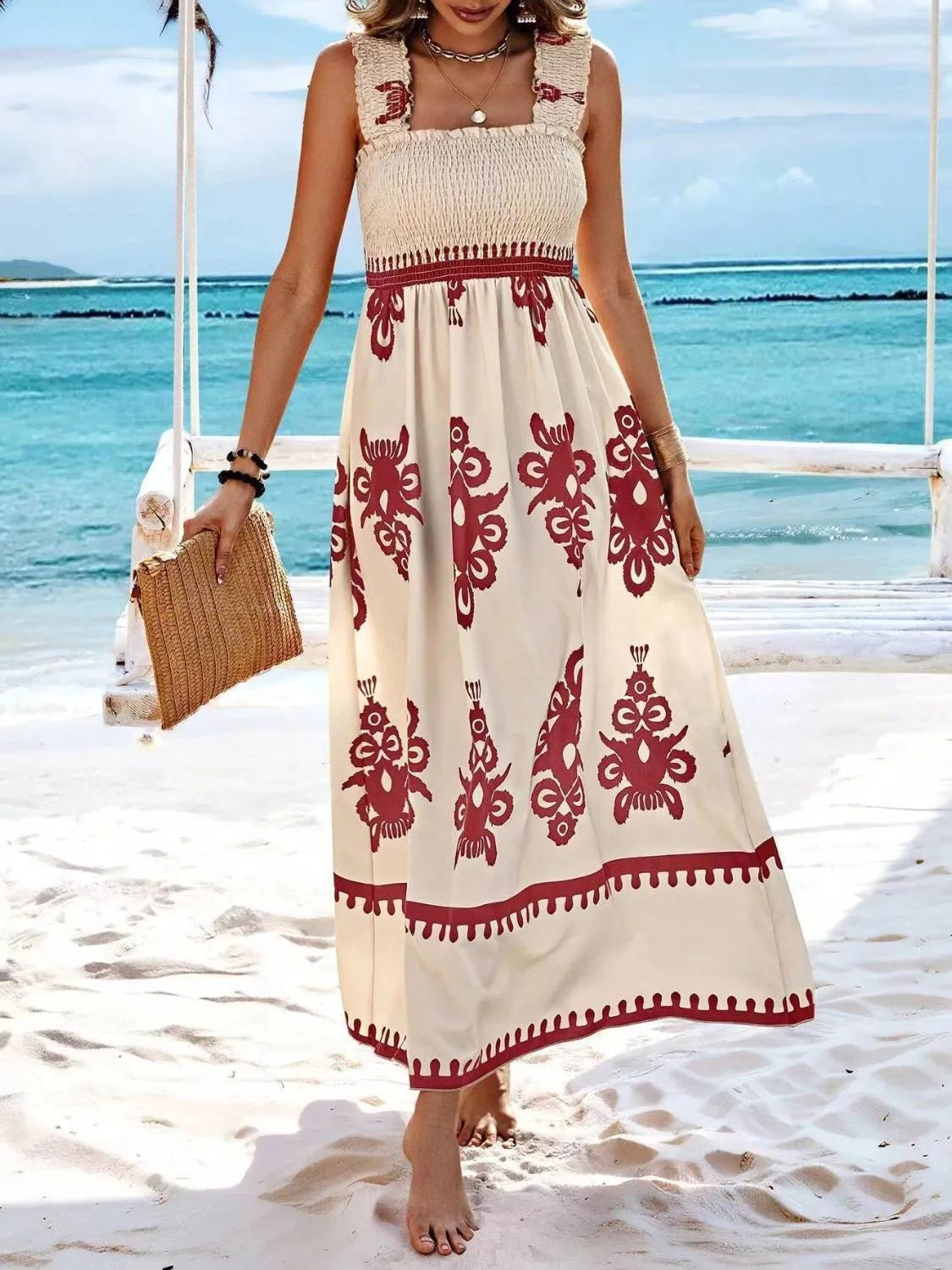 Smocked Printed Wide Strap Maxi Dress - JUST - JEN BOUTIQUE