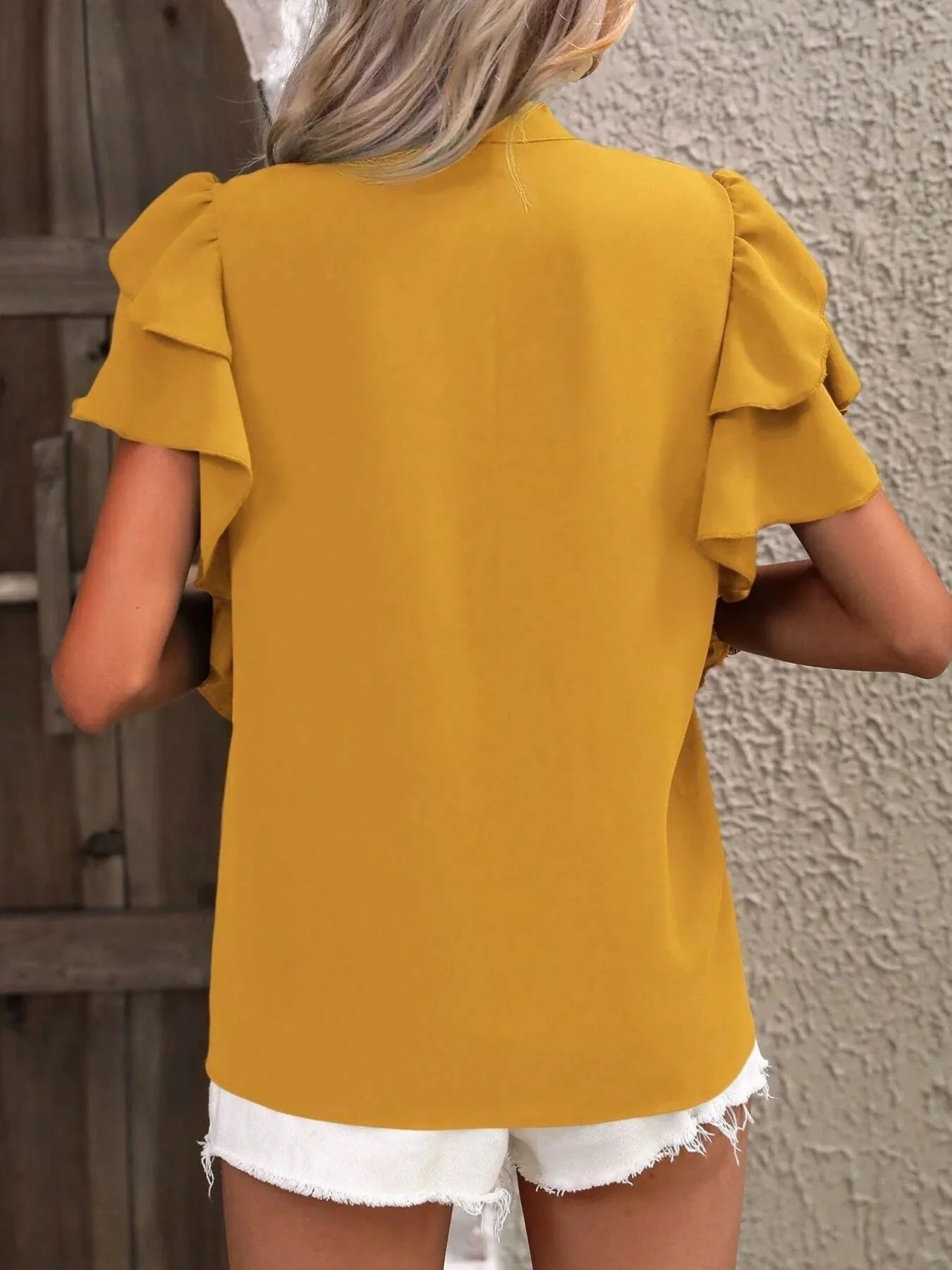 Ruffle Sleeve Notched Blouse - JUST - JEN BOUTIQUE
