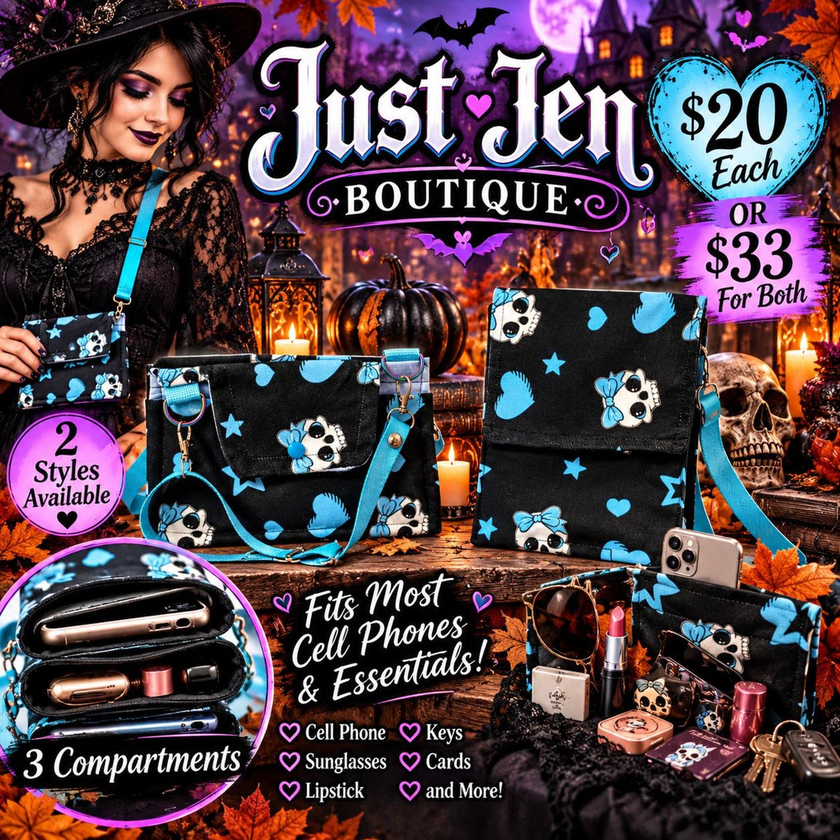 Gothic Skull Cell Phone Crossbody Bag W/3 Compartments Black & Blue