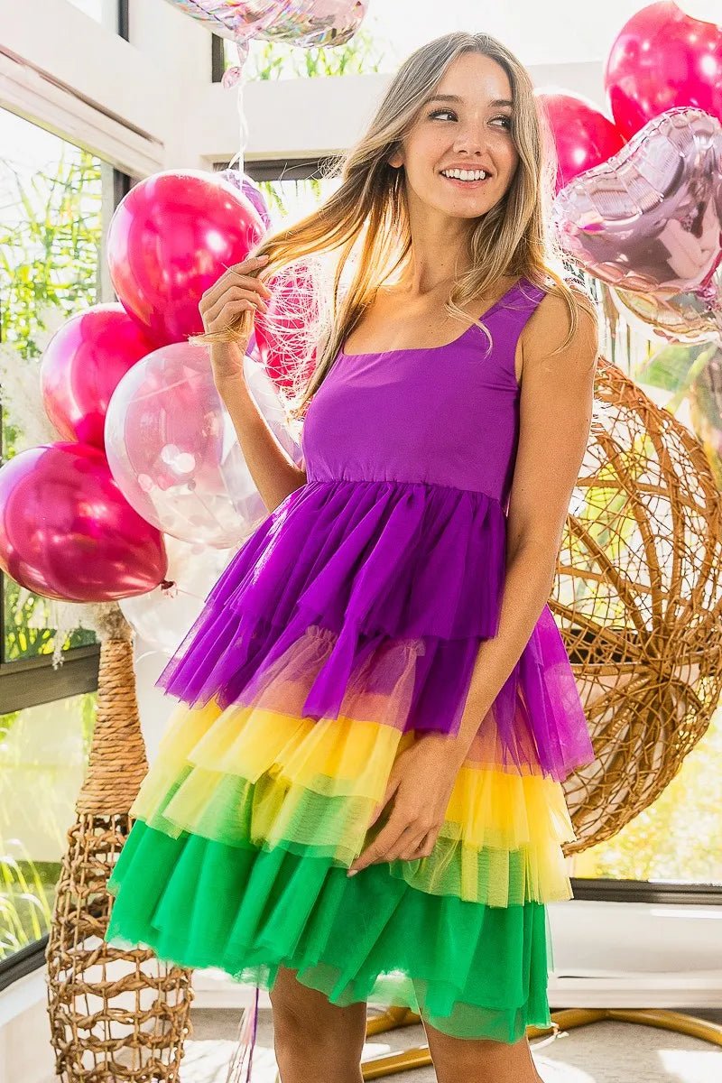 BiBi Mardi Gras Color Block Layered Mesh Tiered Dress - JUST - JEN BOUTIQUE