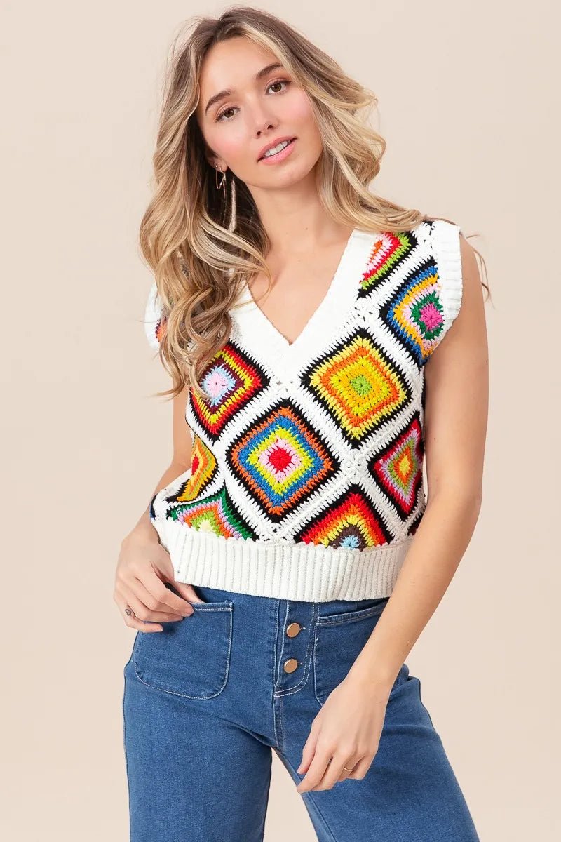 BiBi Diamond Granny Square Sweater Vest - JUST - JEN BOUTIQUE