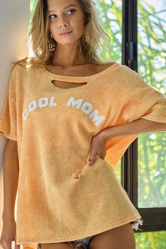 BiBi Washed Laser Cut Detail Cool Mom Print Thermal Top - JUST - JEN BOUTIQUE