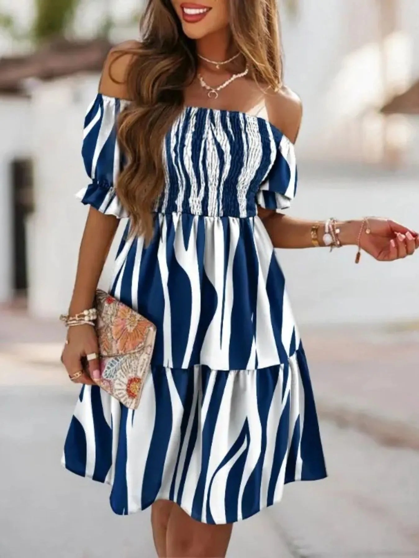 Off Shoulder Smocked Summer Dress - JUST - JEN BOUTIQUE