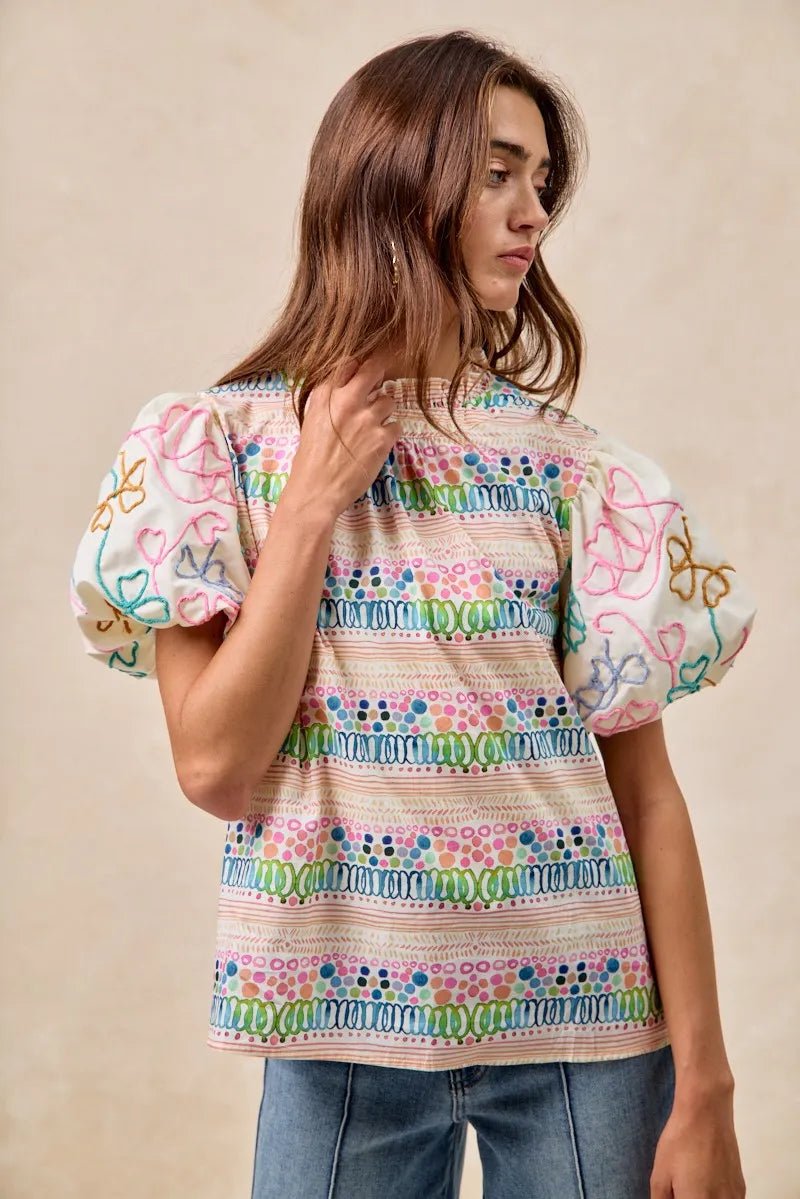BiBi Ruffle Neckline Blouse With Embroidery Bubble Sleeve - JUST - JEN BOUTIQUE