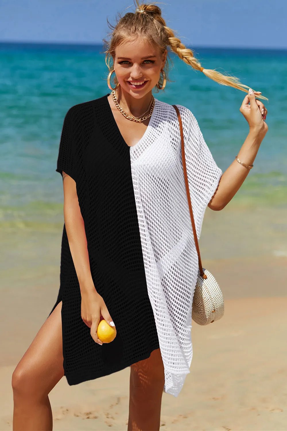 Angel Wings Openwork Contrast Slit Knit Cover Up - JUST - JEN BOUTIQUE