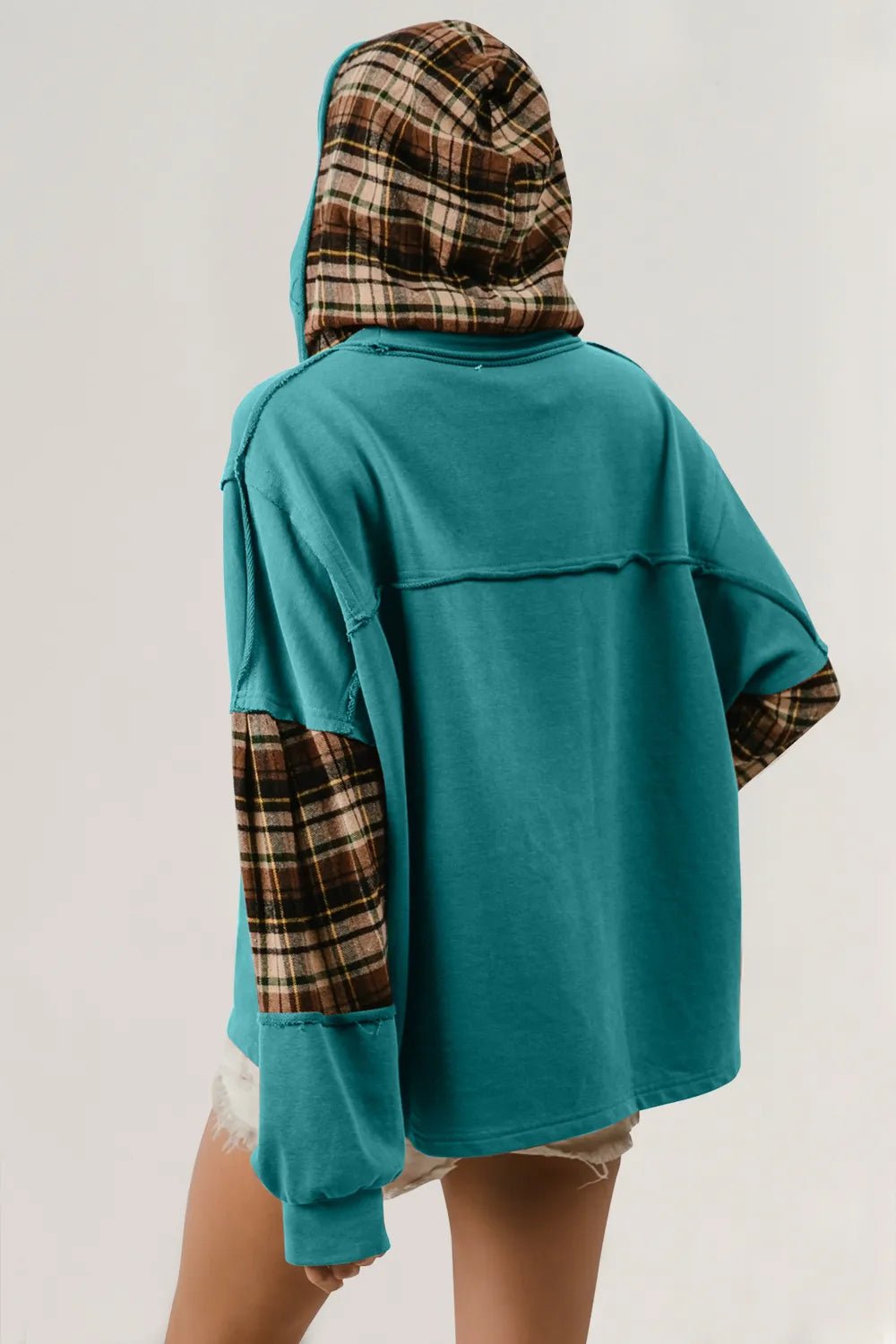 Double Take Drawstring Plaid Star Patch Long Sleeve Hoodie - JUST - JEN BOUTIQUE