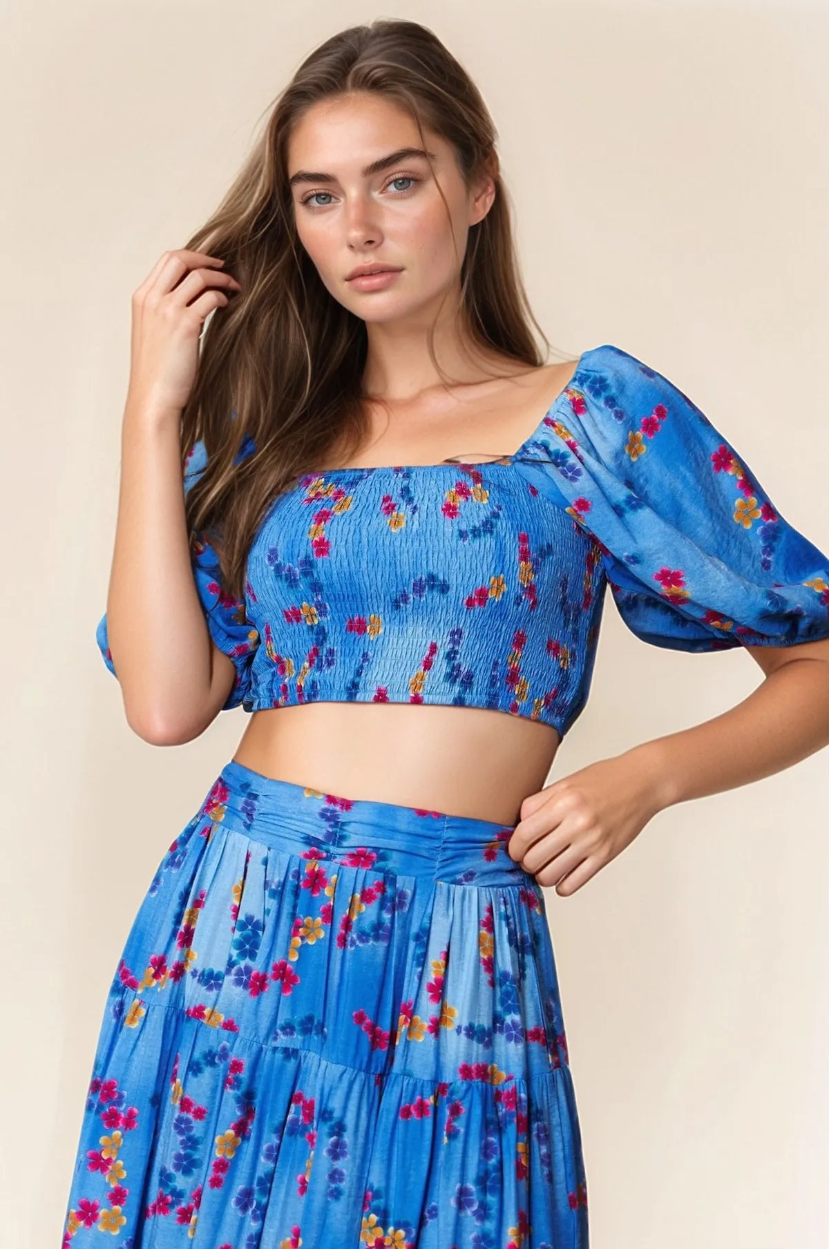 Davi & Dani Smocing Bodice Puff Short Sleeve Printed Crop Top - JUST - JEN BOUTIQUE